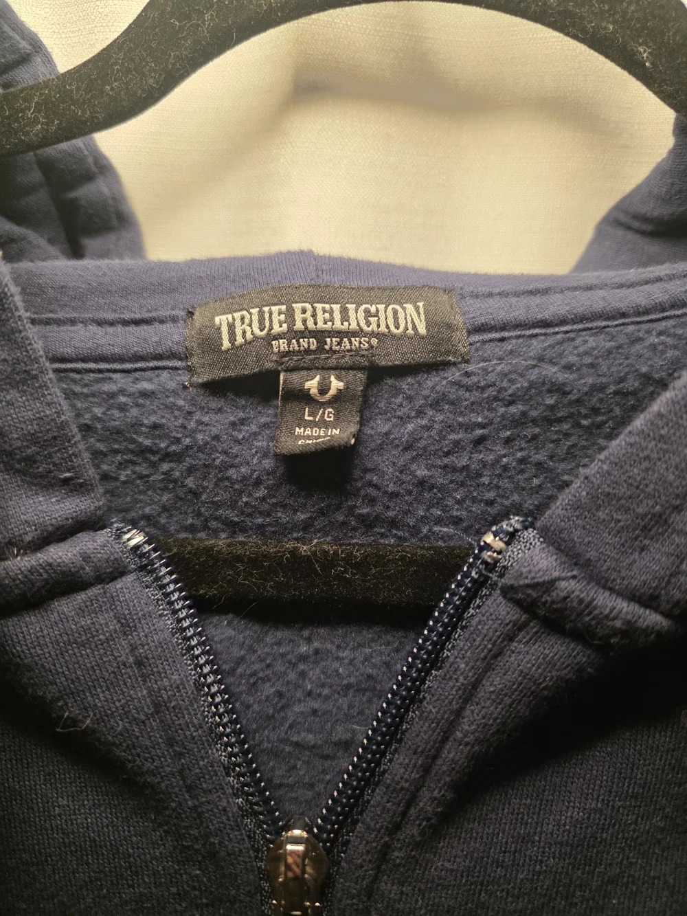 True Religion Navy Zip-Up Hoodie with Red and Silver Back Graphic